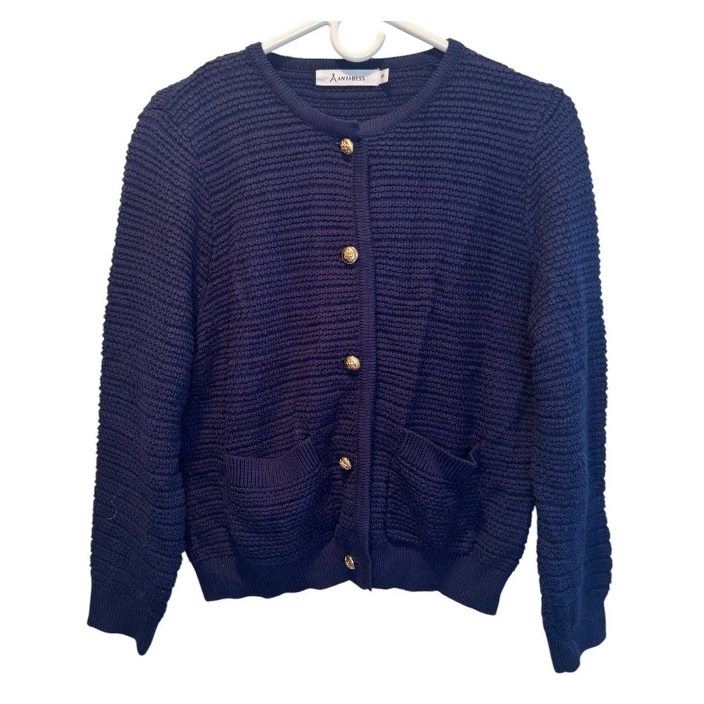 ANRABESS Women Navy Blue Cardigan Button Up Gold Tone Crest Buttons Small NEW